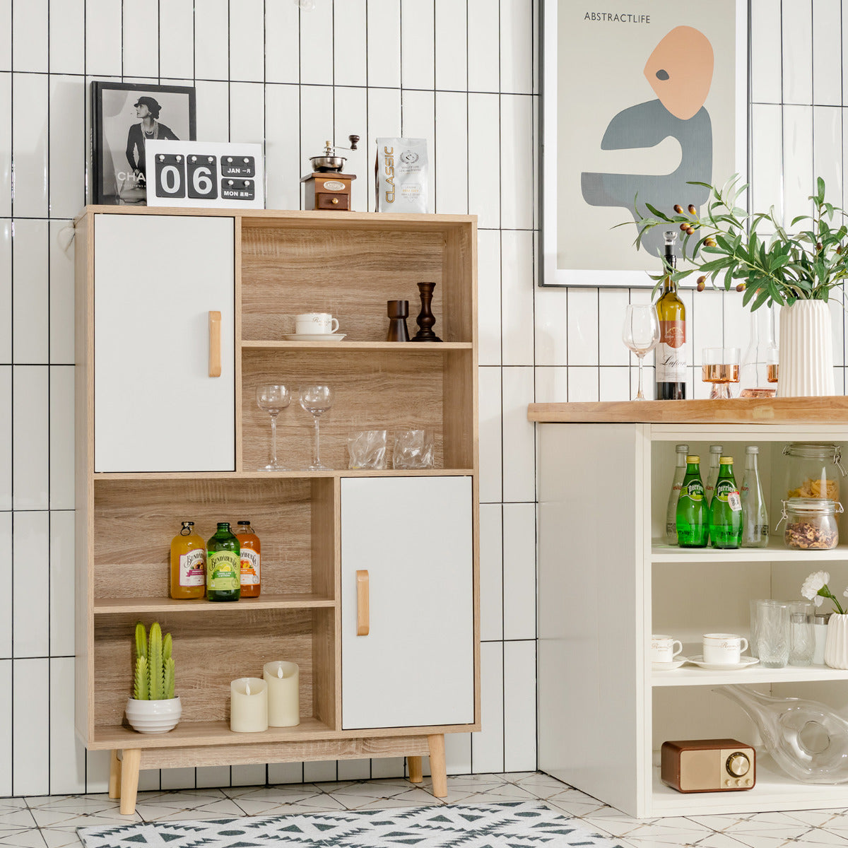 Armario Cocina, Aparador Cocina, de Madera con 4 Niveles 2 Puertas 4 Repisas Abiertas Antivuelco, Blanco, Costway, 2