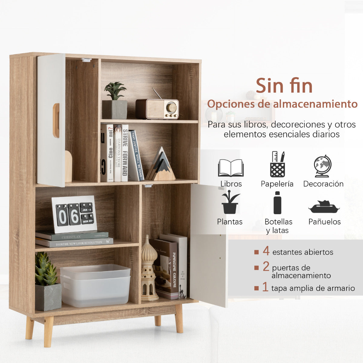 Armario Cocina, Aparador Cocina, de Madera con 4 Niveles 2 Puertas 4 Repisas Abiertas Antivuelco, Blanco, Costway, 5