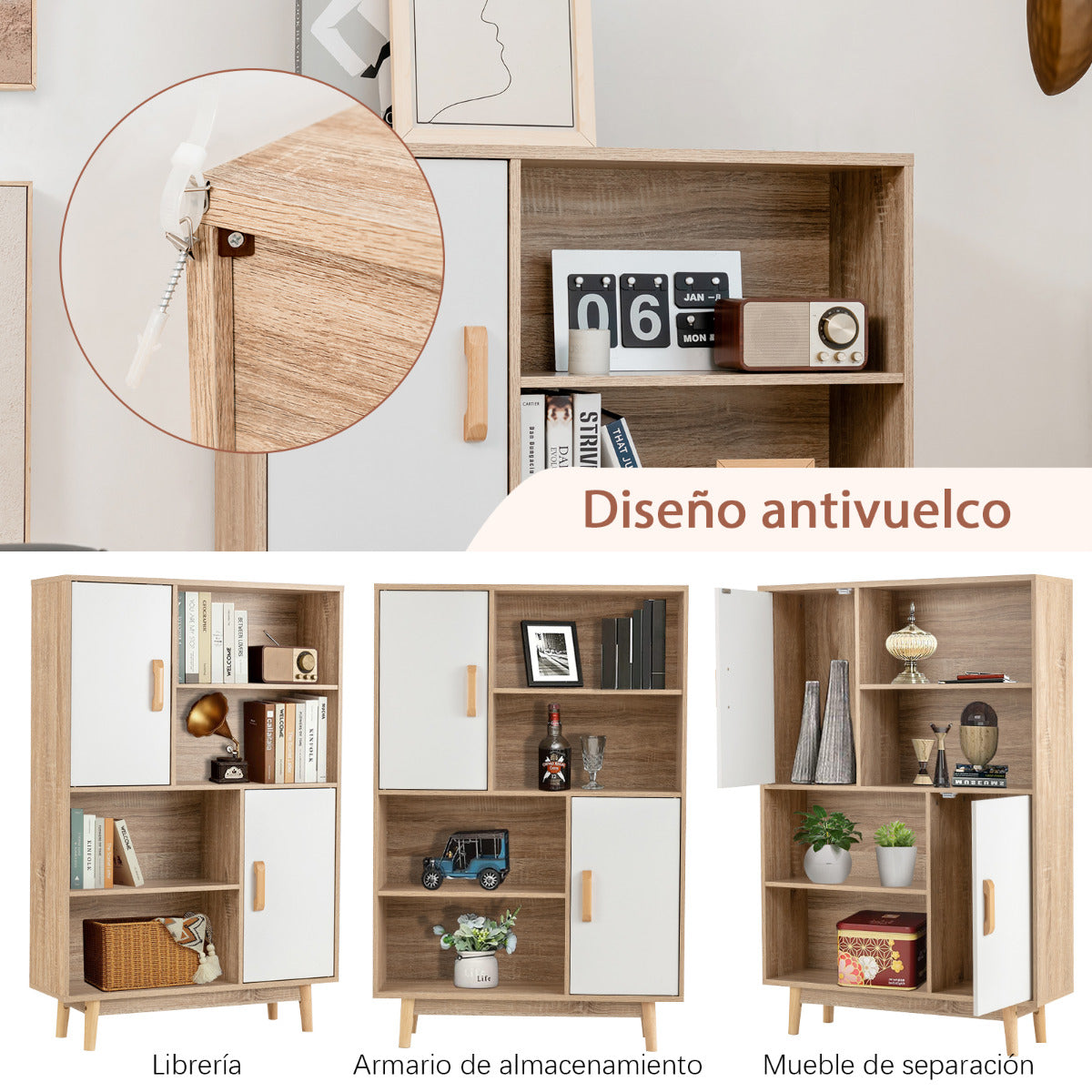 Armario Cocina, Aparador Cocina, de Madera con 4 Niveles 2 Puertas 4 Repisas Abiertas Antivuelco, Blanco, Costway, 8