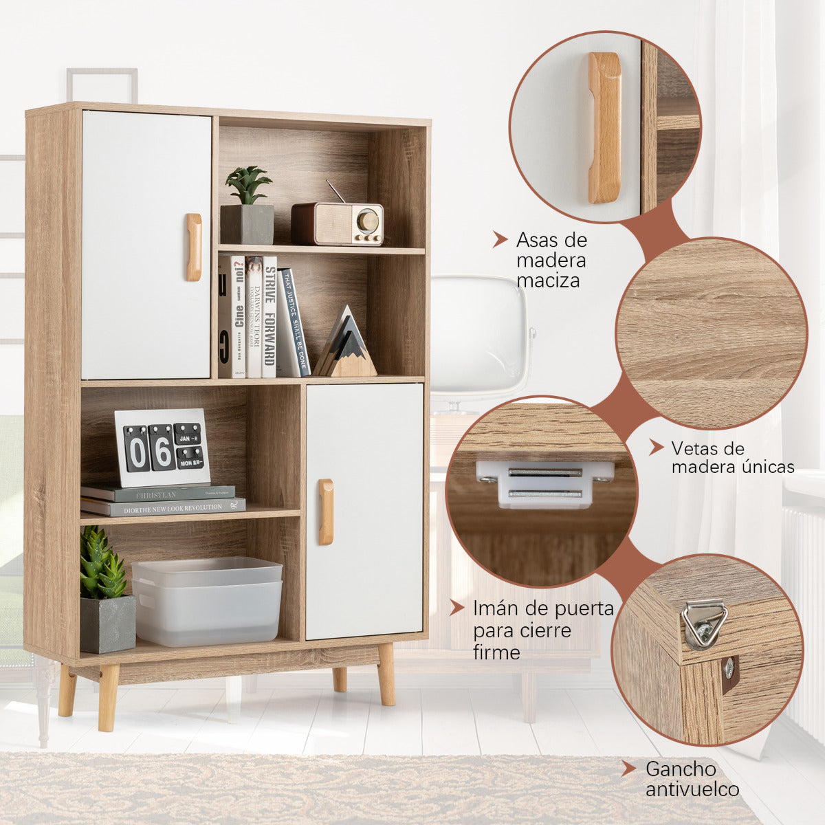 Armario Cocina, Aparador Cocina, de Madera con 4 Niveles 2 Puertas 4 Repisas Abiertas Antivuelco, Blanco, Costway, 6