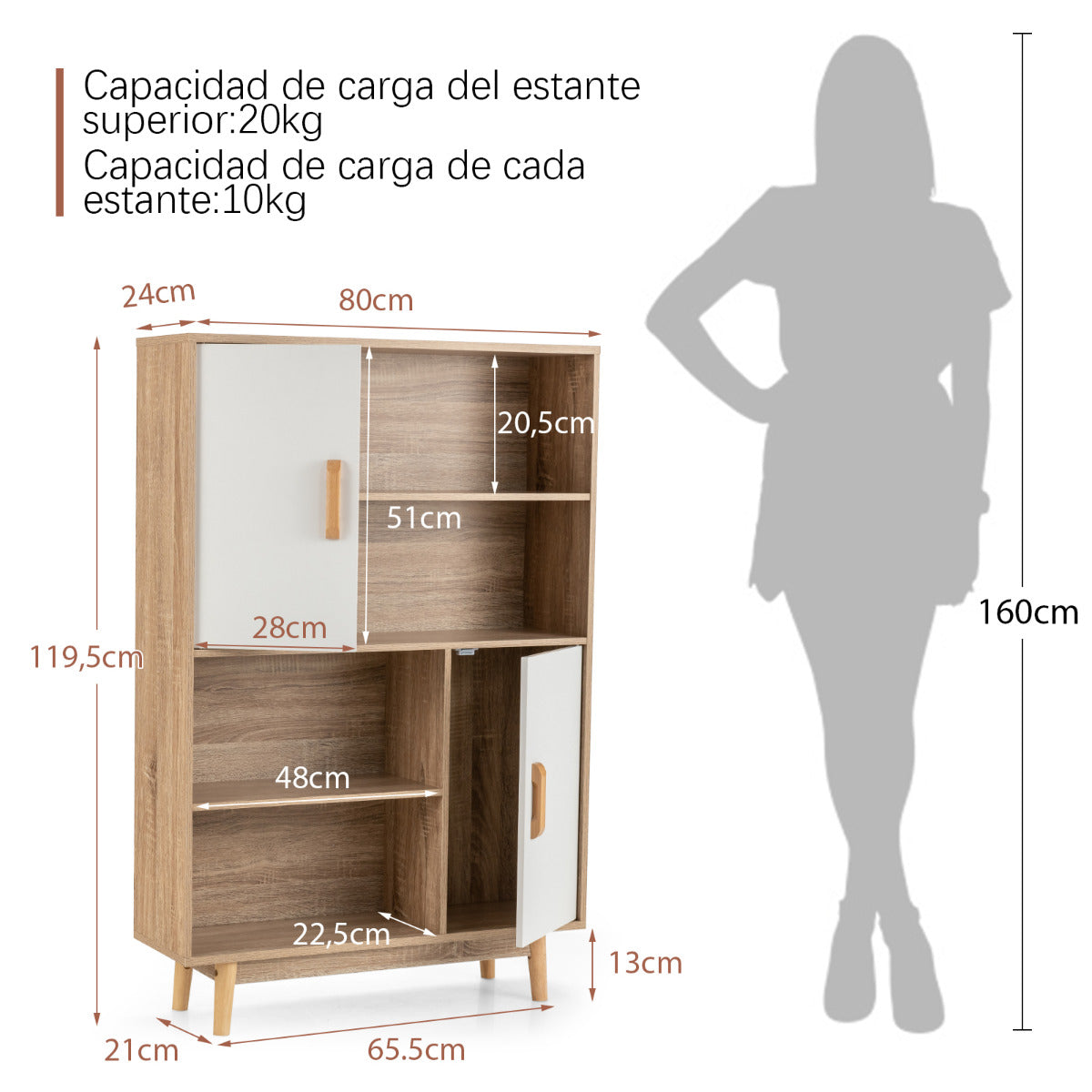 Armario Cocina, Aparador Cocina, de Madera con 4 Niveles 2 Puertas 4 Repisas Abiertas Antivuelco, Blanco, Costway, 3