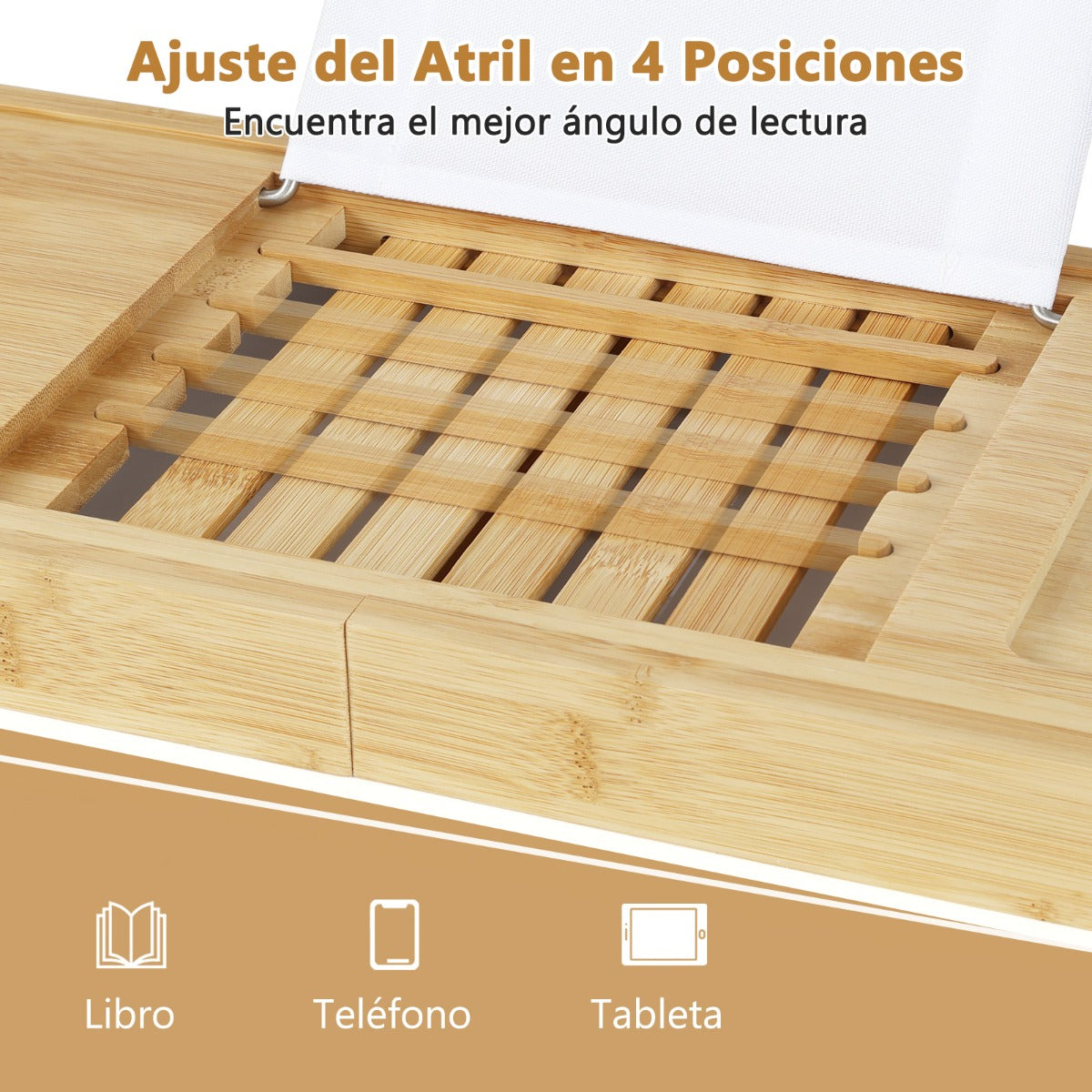 Bandeja Bañera, Estanteria Baño, Lateral Bandeja Organizadora Ampliable con Soporte para Libro, Bambú, Natural, Costway, 8