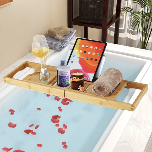 Bandeja Bañera, Estanteria Baño, Lateral Bandeja Organizadora Ampliable con Soporte para Libro, Bambú, Natural, Costway, 2