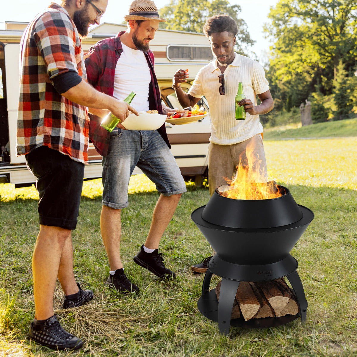 Brasero, 50 cm, Brasero Exterior, 3 en 1, de Metal, para Camping, Estante de Almacenamiento Quema sin Humo, Negro, Costway, 2