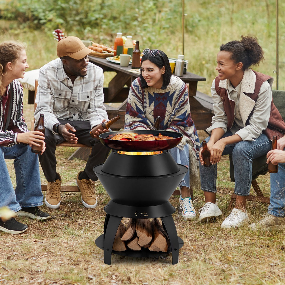 Brasero, 50 cm, Brasero Exterior, 3 en 1, de Metal, para Camping, Estante de Almacenamiento Quema sin Humo, Negro, Costway, 5