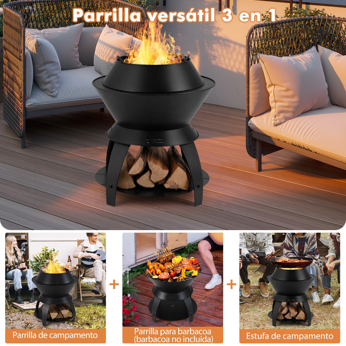 Brasero, 50 cm, Brasero Exterior, 3 en 1, de Metal, para Camping, Estante de Almacenamiento Quema sin Humo, Negro, Costway, 7