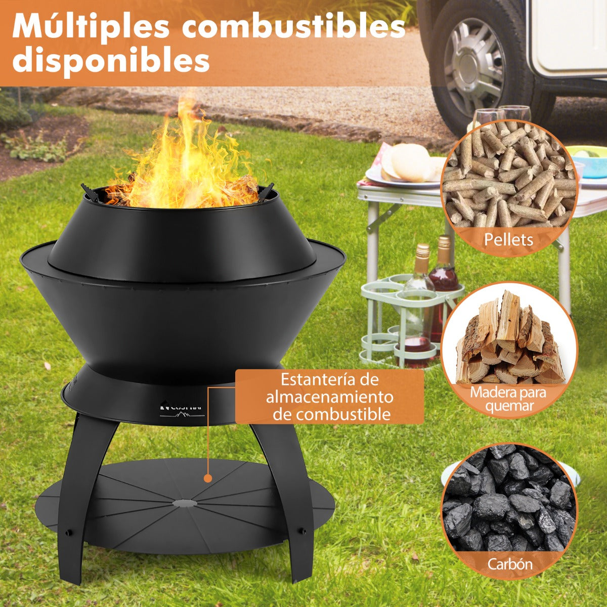 Brasero, 50 cm, Brasero Exterior, 3 en 1, de Metal, para Camping, Estante de Almacenamiento Quema sin Humo, Negro, Costway, 8