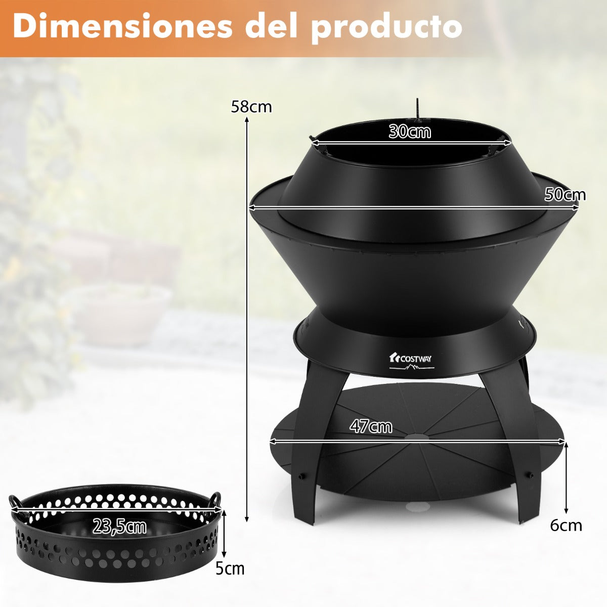 Brasero, 50 cm, Brasero Exterior, 3 en 1, de Metal, para Camping, Estante de Almacenamiento Quema sin Humo, Negro, Costway, 3