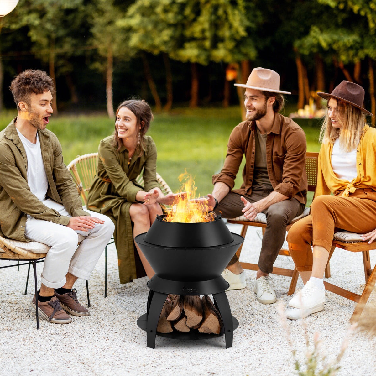 Brasero, 50 cm, Brasero Exterior, 3 en 1, de Metal, para Camping, Estante de Almacenamiento Quema sin Humo, Negro, Costway, 4