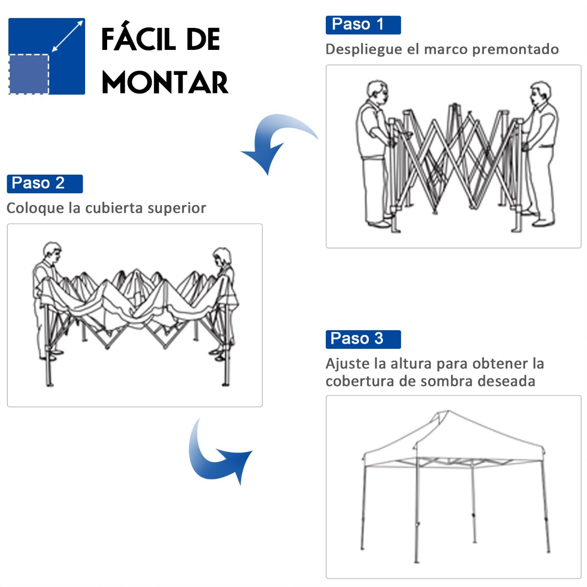 Pergola, Carpa plegable 3x3, Gazebo, Pergola Jardin, Alturas Ajustables, Toldo Portátil Impermeable, Azul, Costway, 8