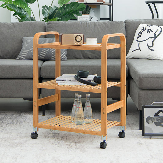 Carrito cocina, Carro cocina, de Bambú 3 Niveles de Servicio de Cocina Ruedas de Bloqueo Estante, Natural Bambú, Costway, 5