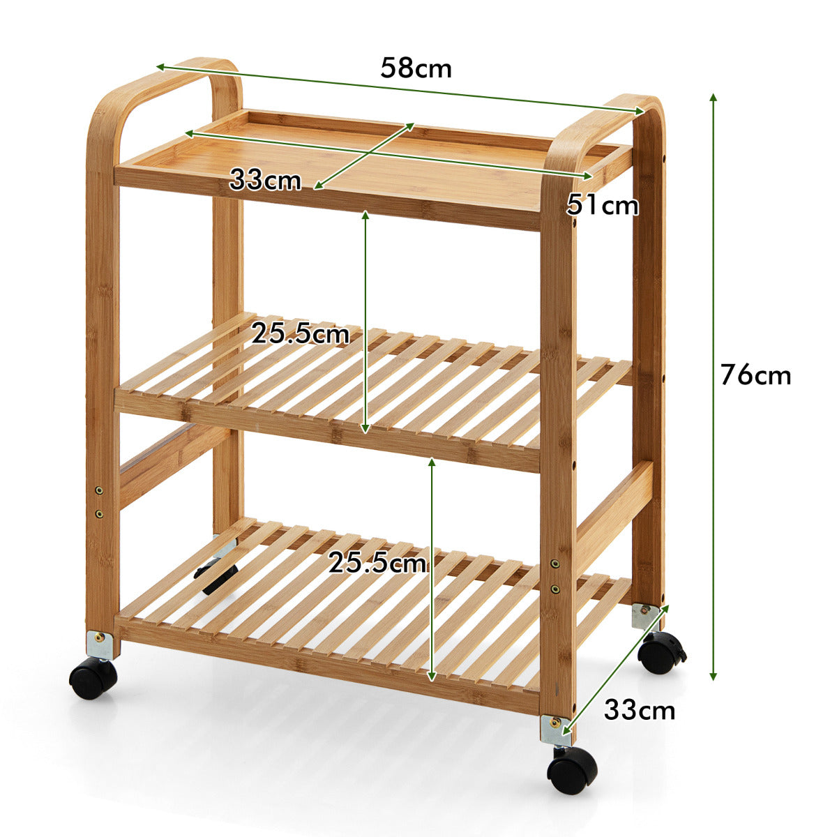 Carrito cocina, Carro cocina, de Bambú 3 Niveles de Servicio de Cocina Ruedas de Bloqueo Estante, Natural Bambú, Costway, 3