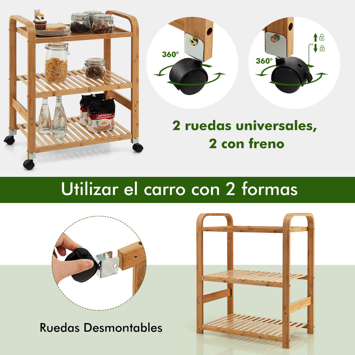Carrito cocina, Carro cocina, de Bambú 3 Niveles de Servicio de Cocina Ruedas de Bloqueo Estante, Natural Bambú, Costway, 6