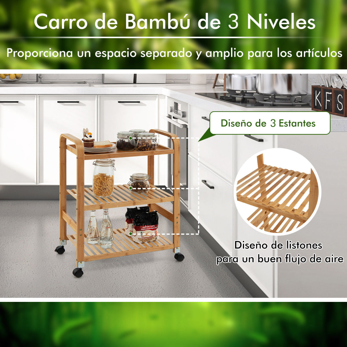 Carrito cocina, Carro cocina, de Bambú 3 Niveles de Servicio de Cocina Ruedas de Bloqueo Estante, Natural Bambú, Costway, 7