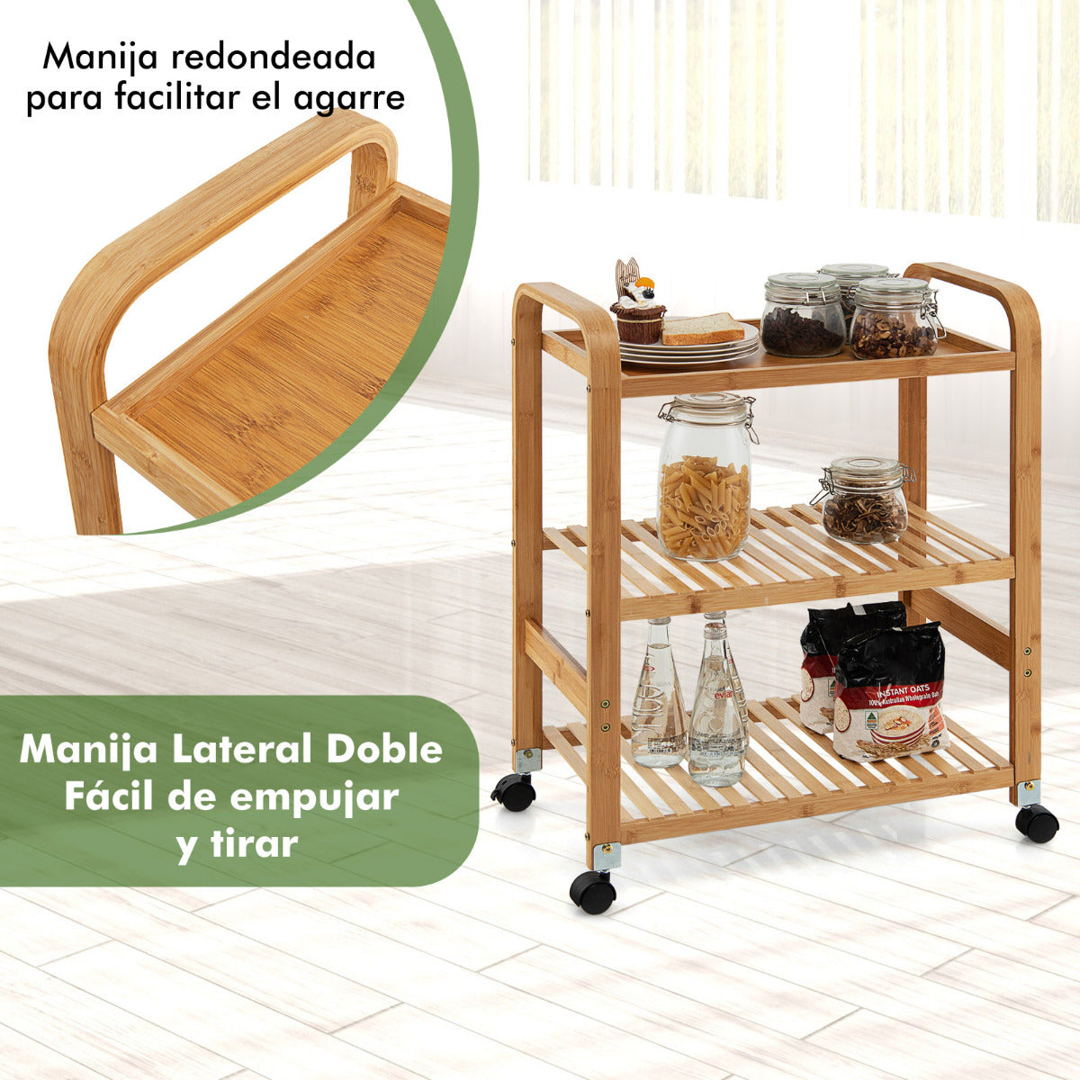 Carrito cocina, Carro cocina, de Bambú 3 Niveles de Servicio de Cocina Ruedas de Bloqueo Estante, Natural Bambú, Costway, 8