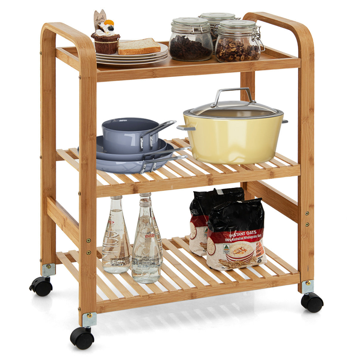 Carrito cocina, Carro cocina, de Bambú 3 Niveles de Servicio de Cocina Ruedas de Bloqueo Estante, Natural Bambú, Costway, 1
