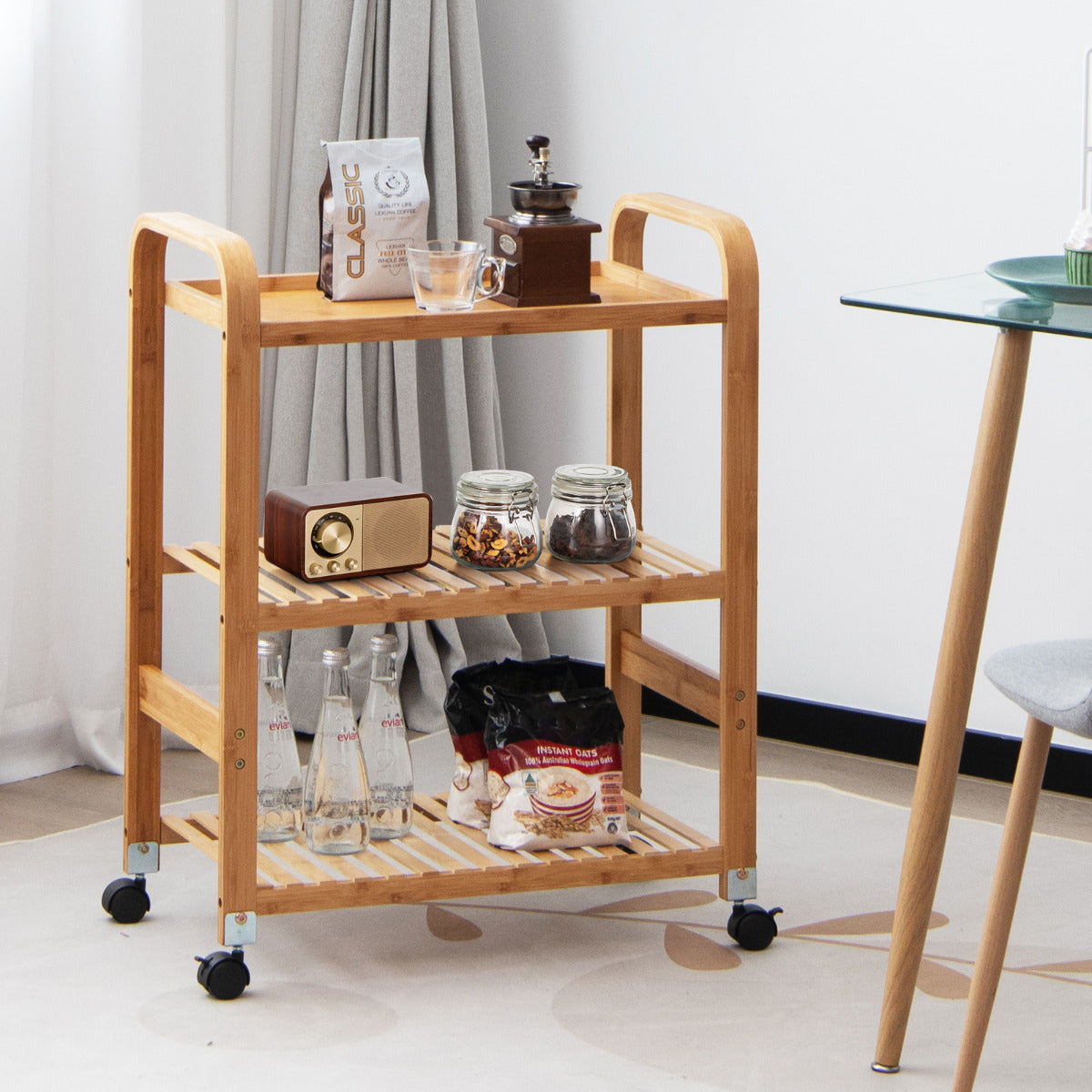 Carrito cocina, Carro cocina, de Bambú 3 Niveles de Servicio de Cocina Ruedas de Bloqueo Estante, Natural Bambú, Costway, 4