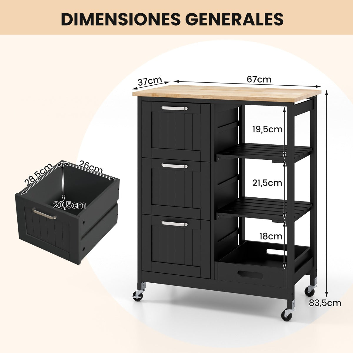 Isla de cocina, Carro cocina, Carrito cocina, con Tapa de Madera, 3 Cajones de Almacenamiento, 2 Estantes, Negro, Costway, 3