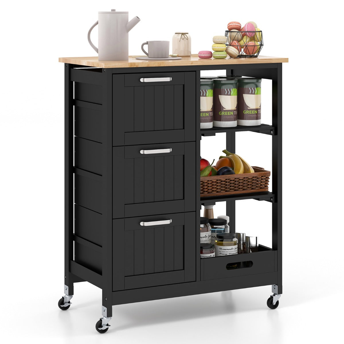 Isla de cocina, Carro cocina, Carrito cocina, con Tapa de Madera, 3 Cajones de Almacenamiento, 2 Estantes, Negro, Costway, 1