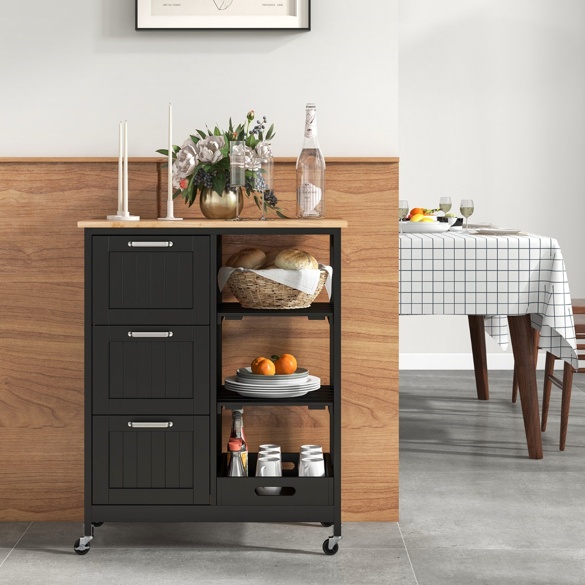 Isla de cocina, Carro cocina, Carrito cocina, con Tapa de Madera, 3 Cajones de Almacenamiento, 2 Estantes, Negro, Costway, 5