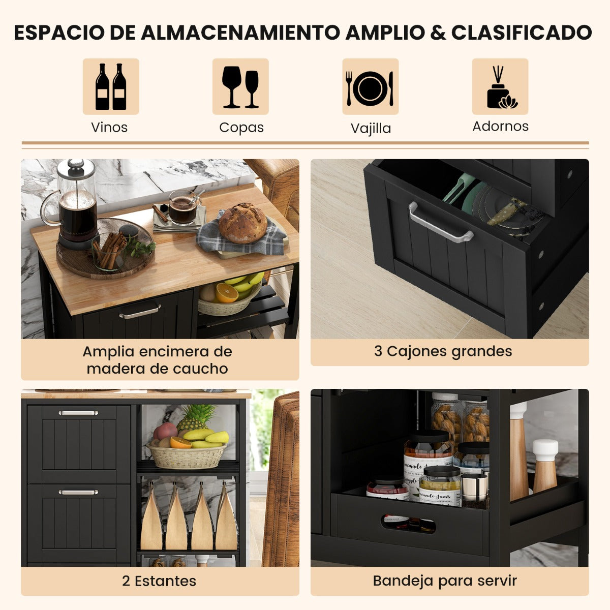 Isla de cocina, Carro cocina, Carrito cocina, con Tapa de Madera, 3 Cajones de Almacenamiento, 2 Estantes, Negro, Costway, 6