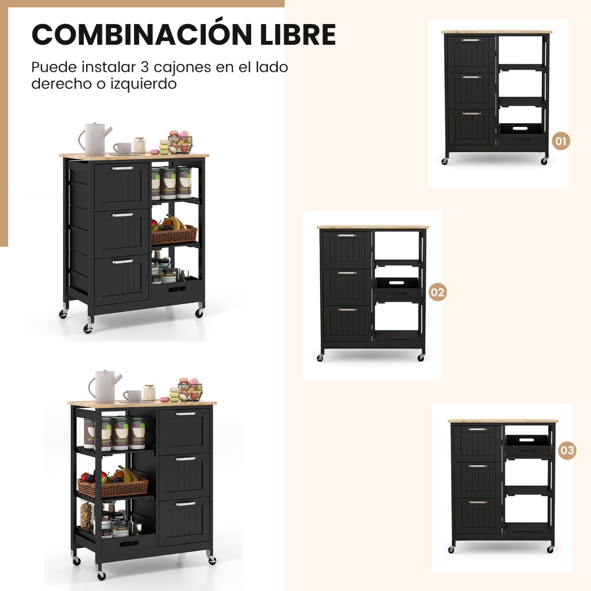 Isla de cocina, Carro cocina, Carrito cocina, con Tapa de Madera, 3 Cajones de Almacenamiento, 2 Estantes, Negro, Costway, 7