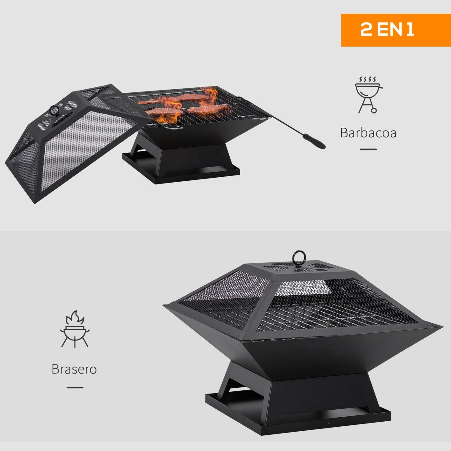 Brasero, Brasero Exterior, Pozo de Fuego, para Jardín, con Protector de Chispas y Atizador, para Terraza Camping Negro, Outsunny, 5
