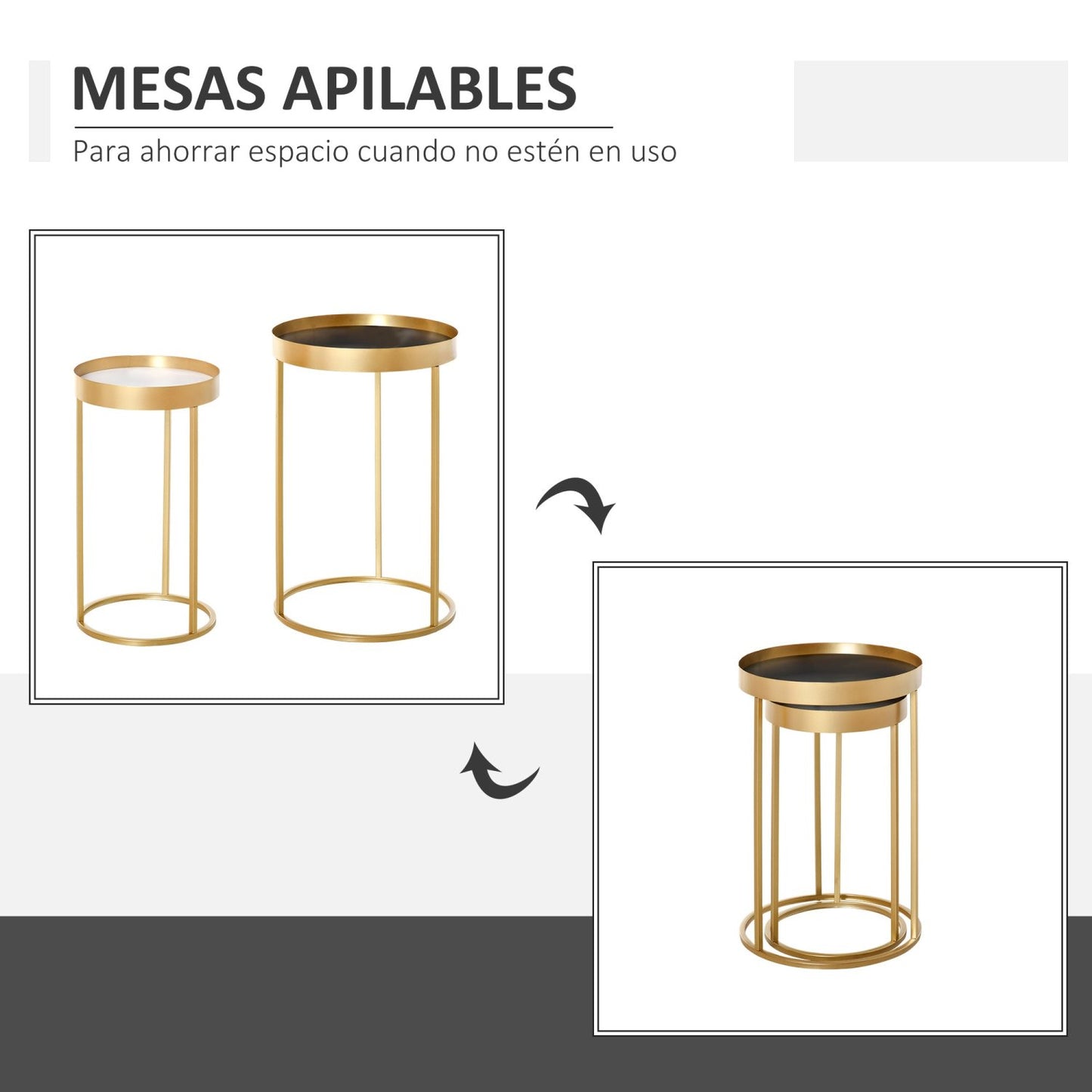 Mesas de Centro, Juego de 2, Mesas Salon, Mesa Pequena, Set de 2, Estructura de Metal, Dorado, D39cm y D30,8cm, HOMCOM, 4