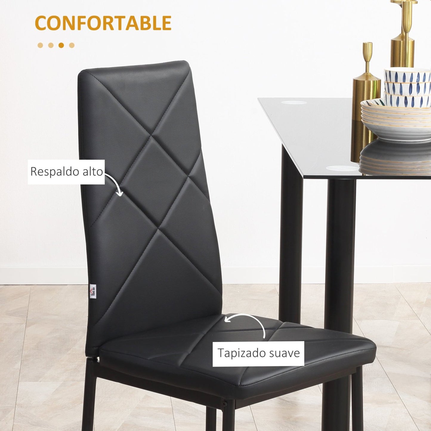 Sillas de Cocina, Juego de 4, Sillas Comedor, Sillas Tapizadas, de Piel Sintética con Patas de Acero Carga 120 kg Negro, HOMCOM, 6