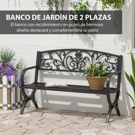 Banco Exterior, Banco Jardin, de 2 Plazas, Banco Terraza, de Hierro con Diseño Clásico Patrón Floral, Negro, Outsunny, 2
