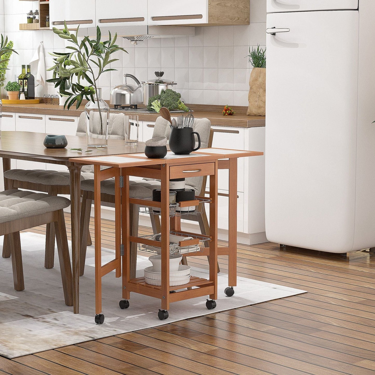 Carrito Cocina, Mueble Auxiliar Cocina, Carro Cocina, Carrito Auxiliar, Plegable 6 Ruedas 1 Cajón 2 Cestas, Pino, HOMCOM, 5