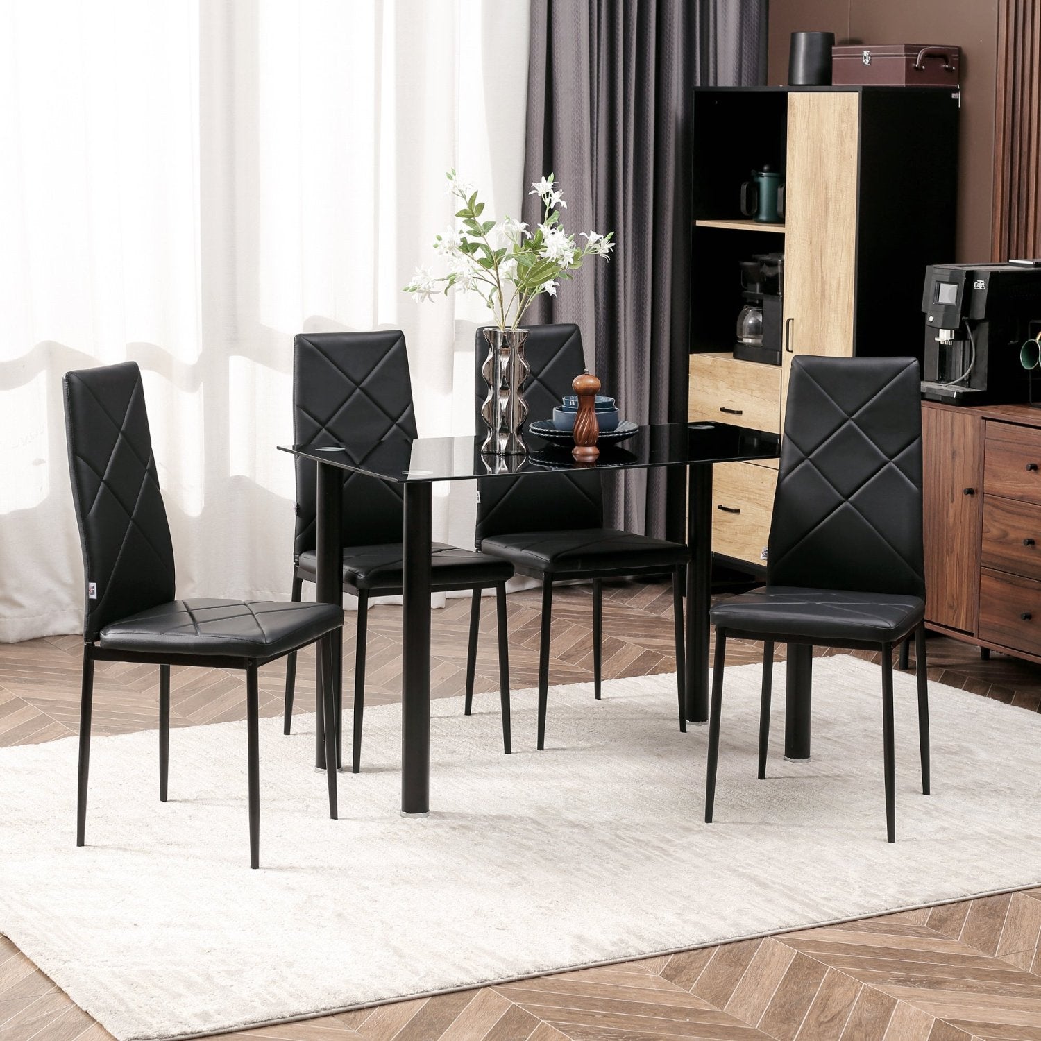 Sillas de Cocina, Juego de 4, Sillas Comedor, Sillas Tapizadas, de Piel Sintética con Patas de Acero Carga 120 kg Negro, HOMCOM, 2