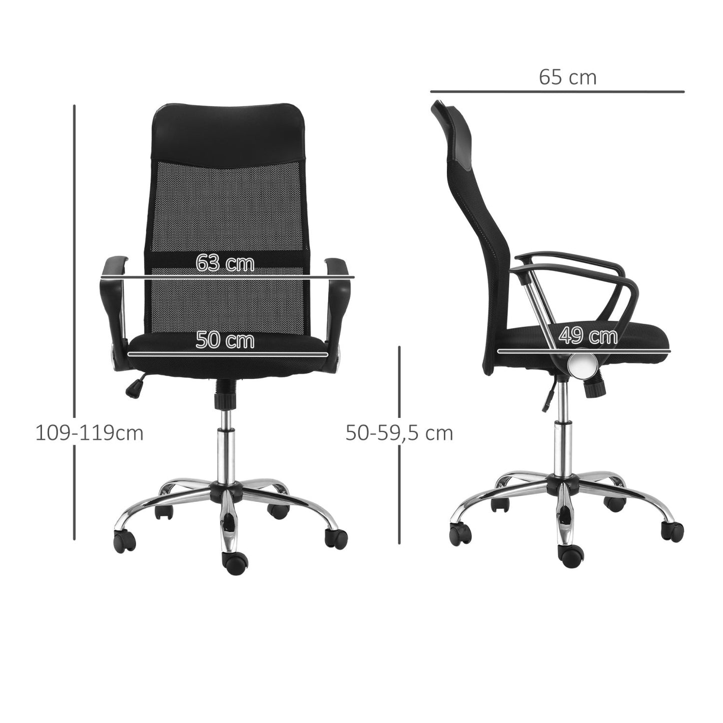Silla Oficina, Silla Ergonomica, Sillas de Escritorio, Giratoria, Silla con Ruedas, de PVC Respaldo Alto, Negro, HOMCOM, 3