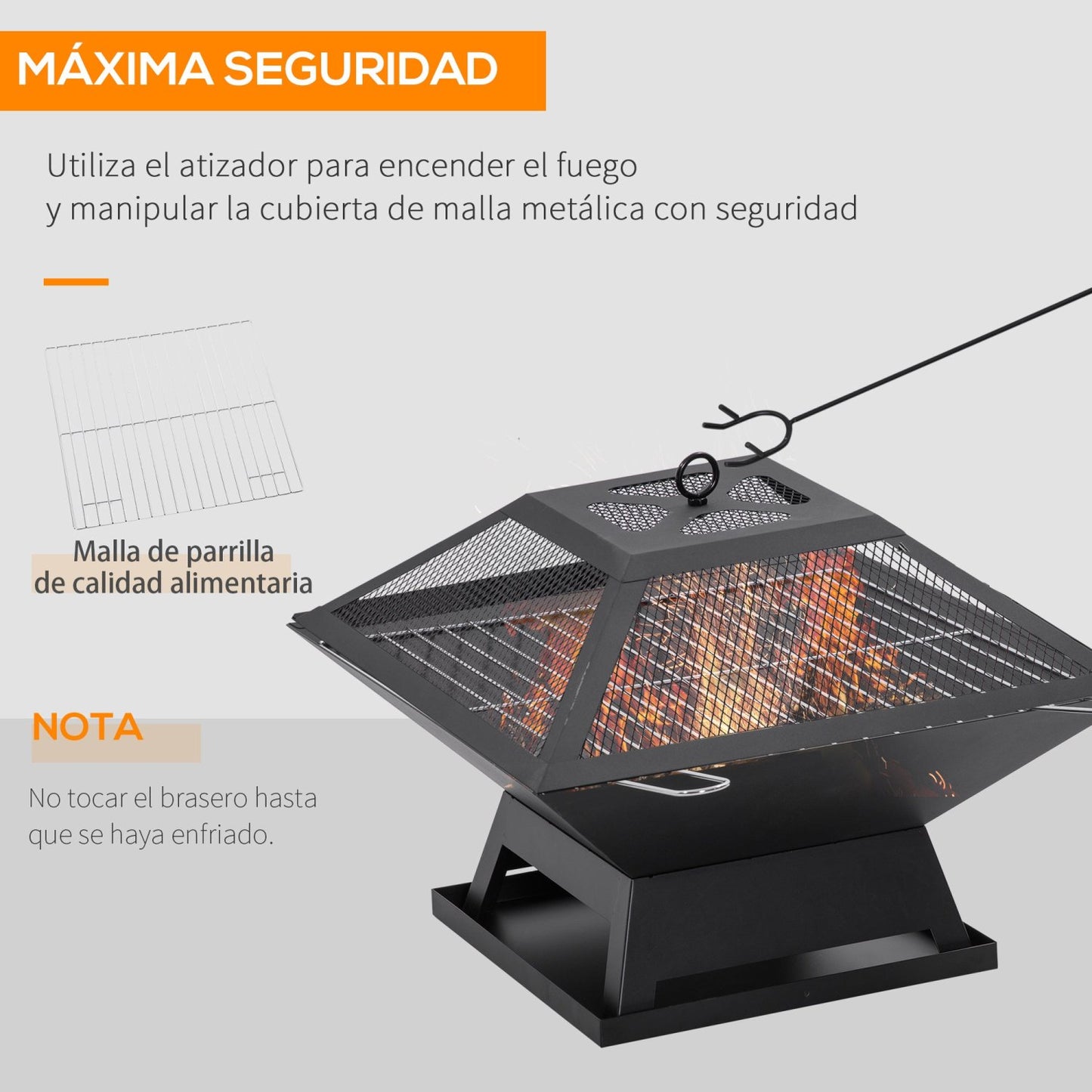 Brasero, Brasero Exterior, Pozo de Fuego, para Jardín, con Protector de Chispas y Atizador, para Terraza Camping Negro, Outsunny, 6