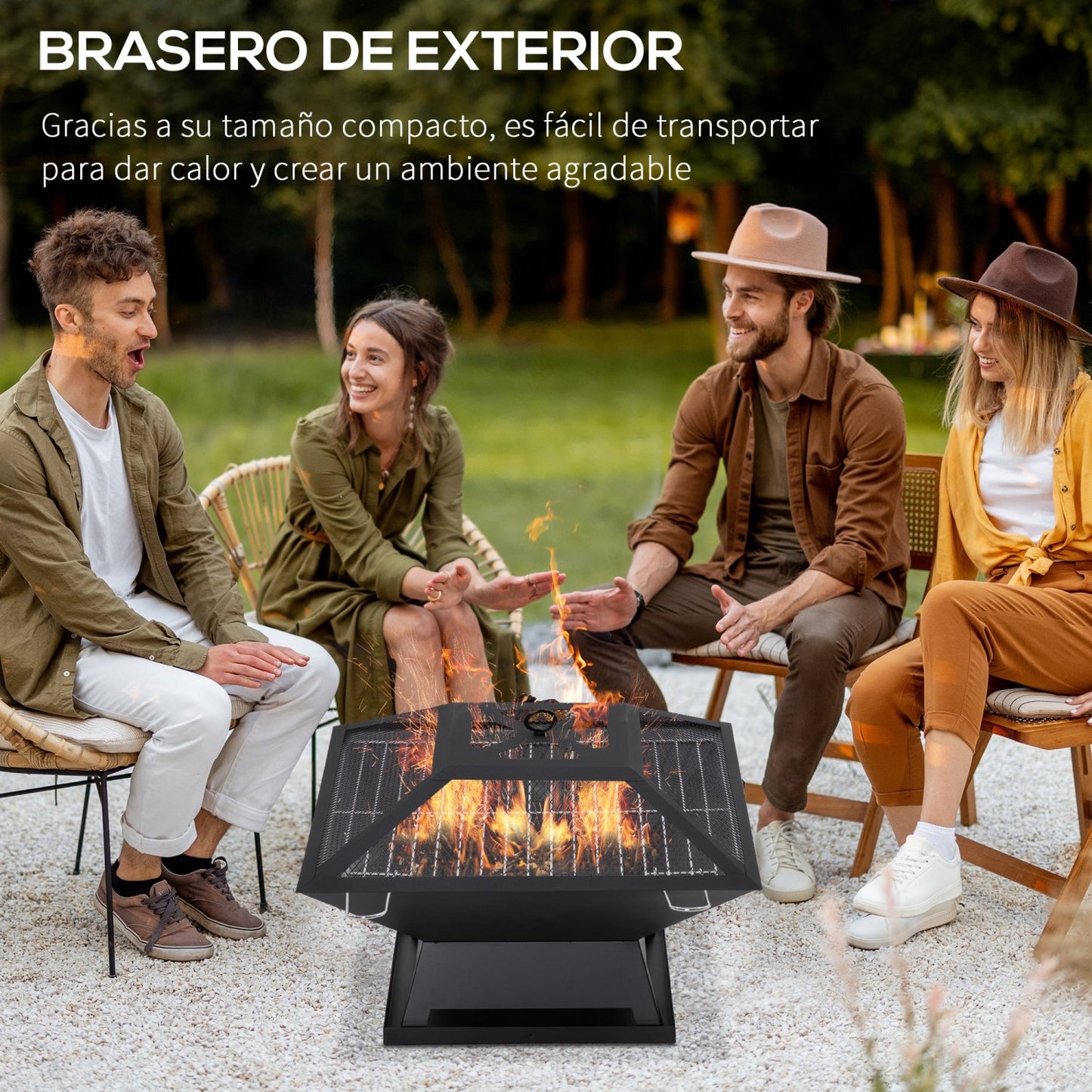 Brasero, Brasero Exterior, Pozo de Fuego, para Jardín, con Protector de Chispas y Atizador, para Terraza Camping Negro, Outsunny, 4
