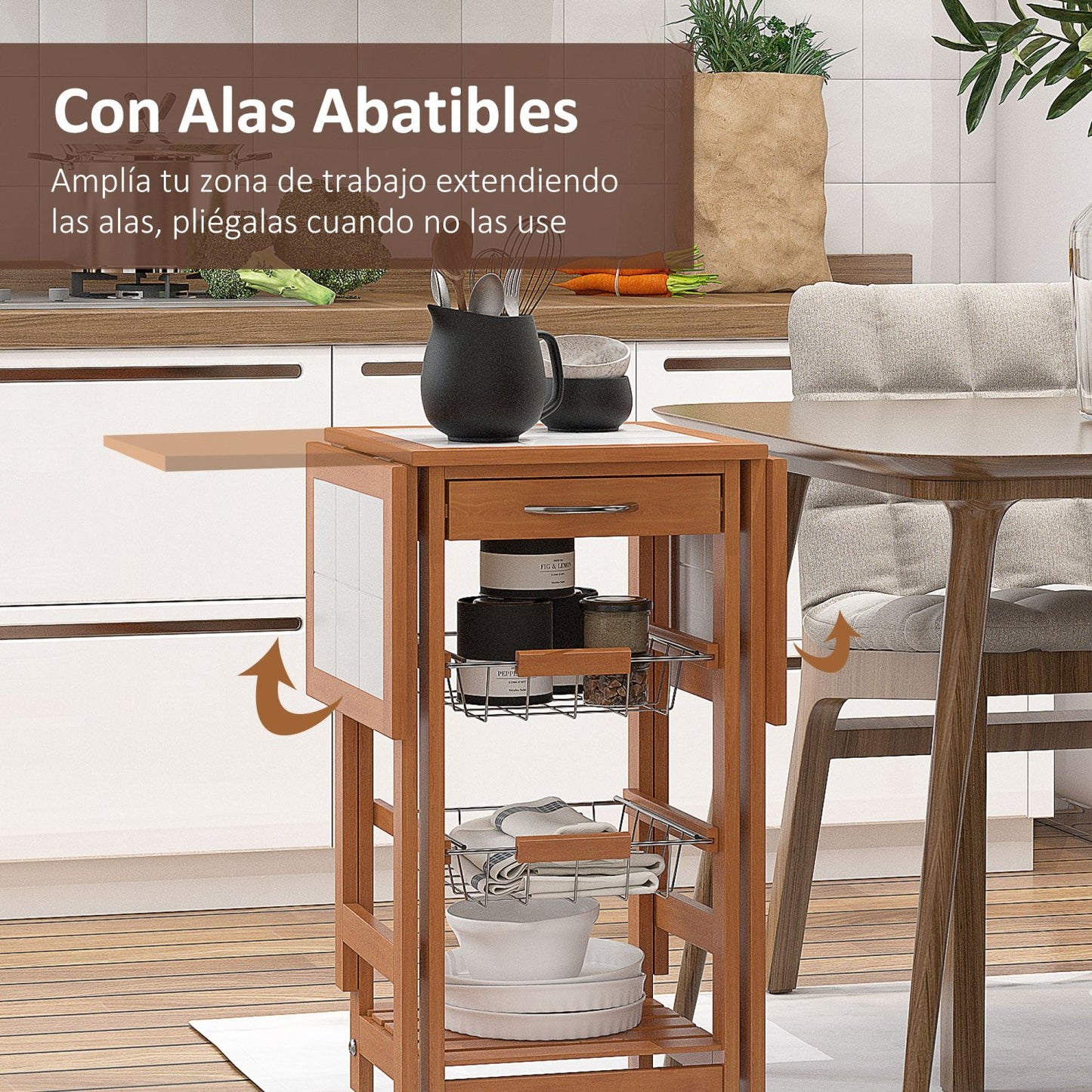 Carrito Cocina, Mueble Auxiliar Cocina, Carro Cocina, Carrito Auxiliar, Plegable 6 Ruedas 1 Cajón 2 Cestas, Pino, HOMCOM, 4