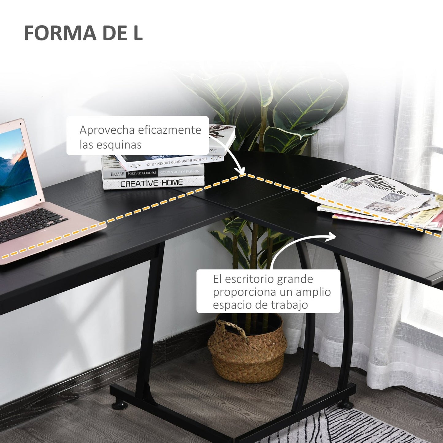 Escritorio Esquinero, Escritorio Ordenador, Mesa Oficina, Mesa escritorio, Mesa de Estudio, con Gran Espacio, Negro, HOMCOM, 4