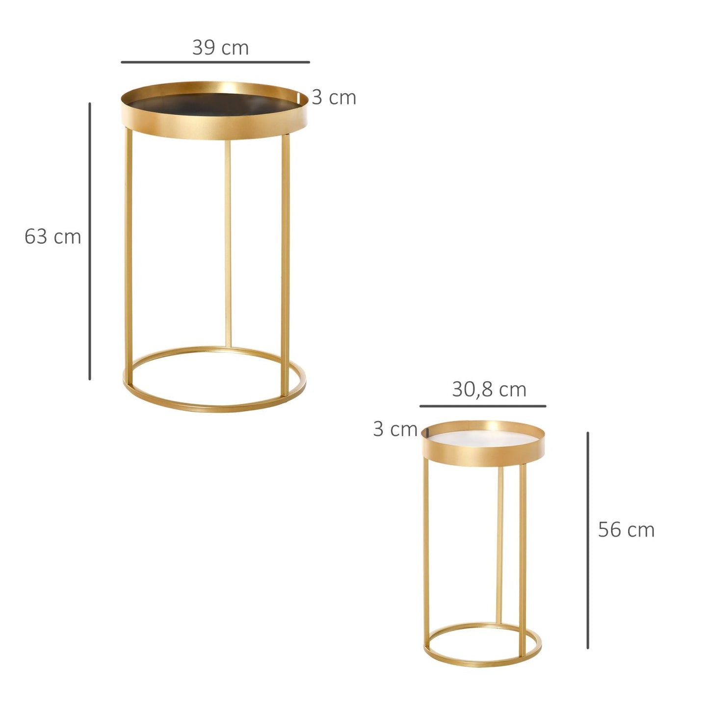Mesas de Centro, Juego de 2, Mesas Salon, Mesa Pequena, Set de 2, Estructura de Metal, Dorado, D39cm y D30,8cm, HOMCOM, 3