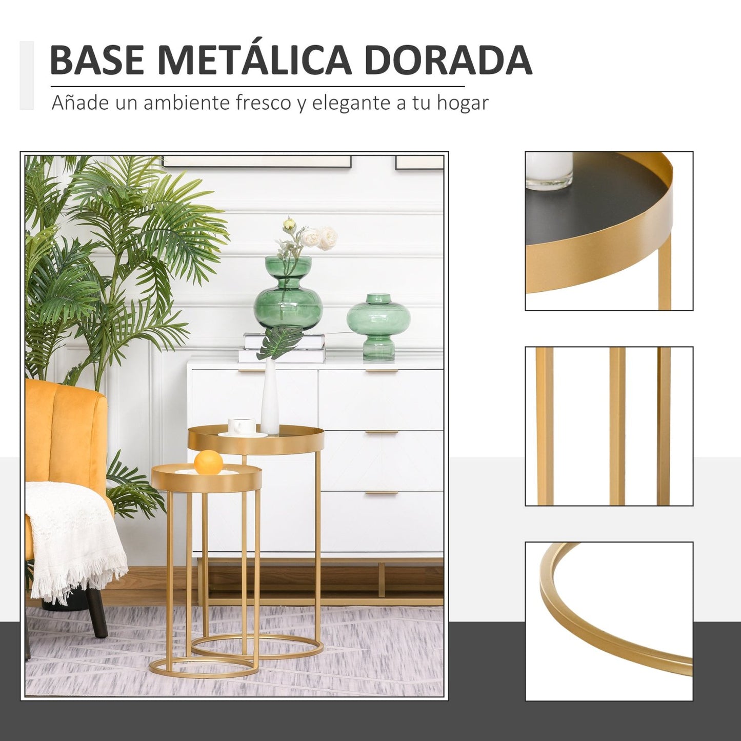 Mesas de Centro, Juego de 2, Mesas Salon, Mesa Pequena, Set de 2, Estructura de Metal, Dorado, D39cm y D30,8cm, HOMCOM, 6