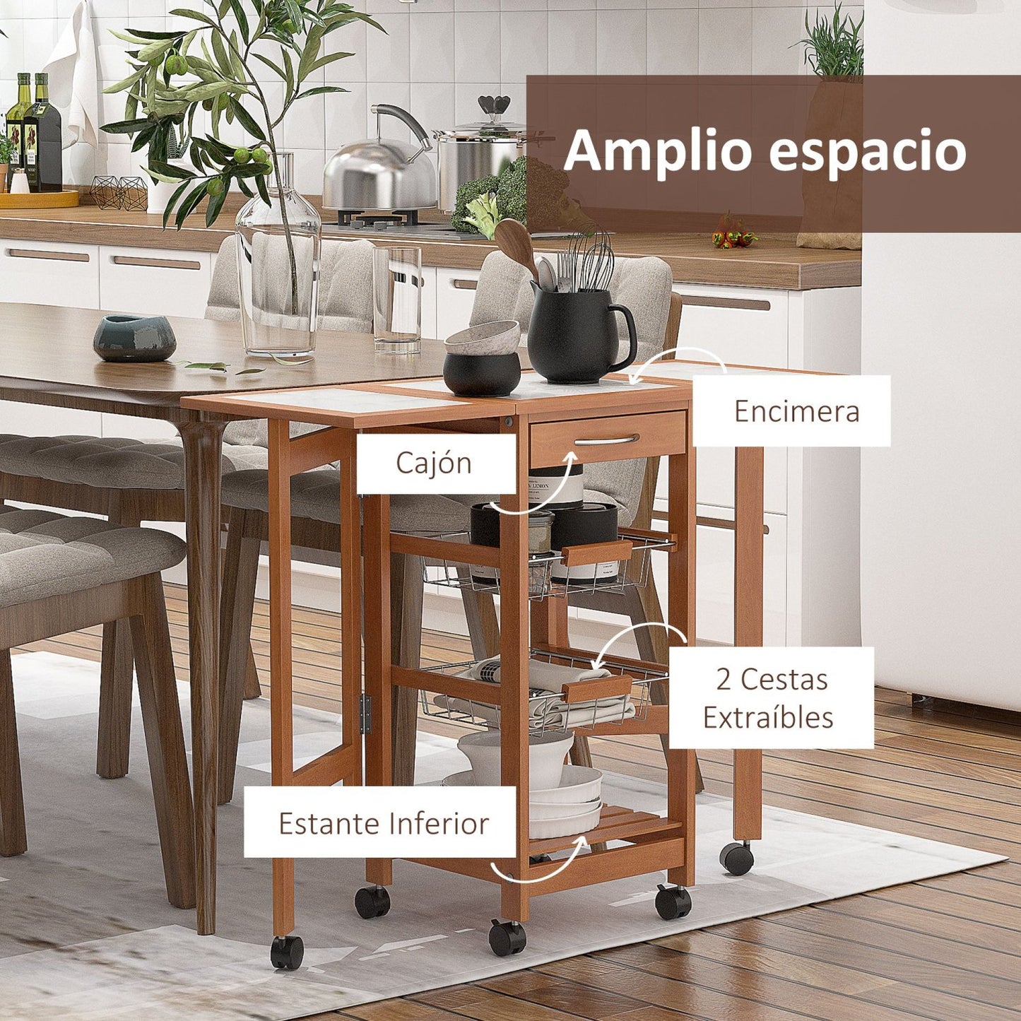 Carrito Cocina, Mueble Auxiliar Cocina, Carro Cocina, Carrito Auxiliar, Plegable 6 Ruedas 1 Cajón 2 Cestas, Pino, HOMCOM, 6