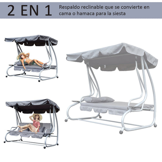 Columpio Jardin, Balancin Jardin, 3 Plazas, Convertible en Cama Techo Parasol Regulable, Balcón Exterior, Gris, Outsunny, 2