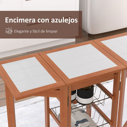 Carrito Cocina, Mueble Auxiliar Cocina, Carro Cocina, Carrito Auxiliar, Plegable 6 Ruedas 1 Cajón 2 Cestas, Pino, HOMCOM, 2