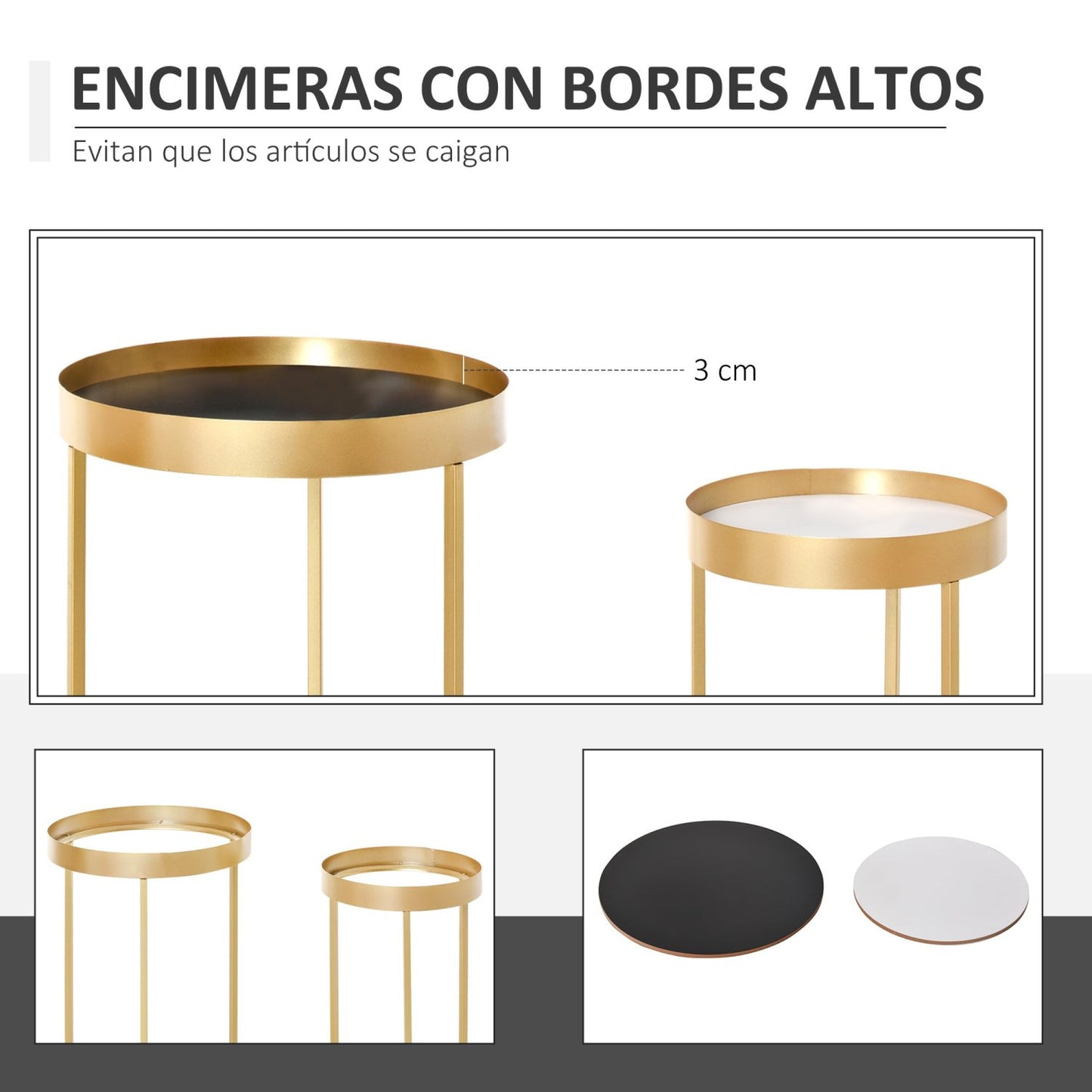Mesas de Centro, Juego de 2, Mesas Salon, Mesa Pequena, Set de 2, Estructura de Metal, Dorado, D39cm y D30,8cm, HOMCOM, 5