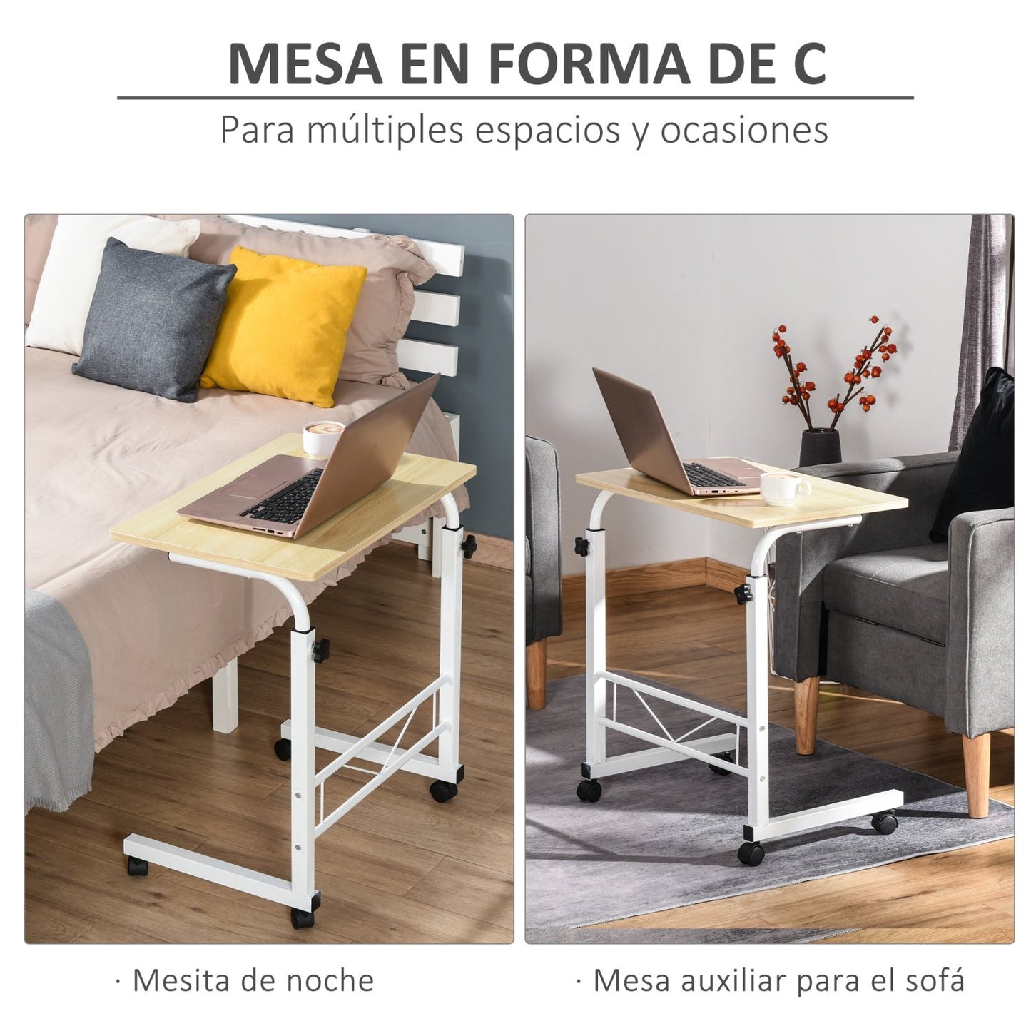 Mesa Auxiliar, con Ruedas, Mesa Auxiliar Sofa, Escritorio Ordenador, Mesa de Estudio, Escritorio Pequeño, Blanco, HOMCOM, 4