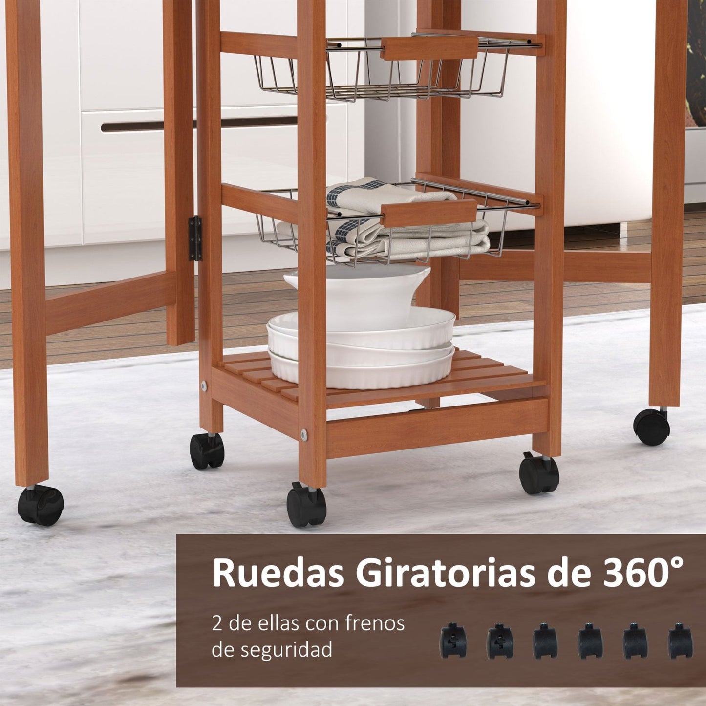 Carrito Cocina, Mueble Auxiliar Cocina, Carro Cocina, Carrito Auxiliar, Plegable 6 Ruedas 1 Cajón 2 Cestas, Pino, HOMCOM, 3
