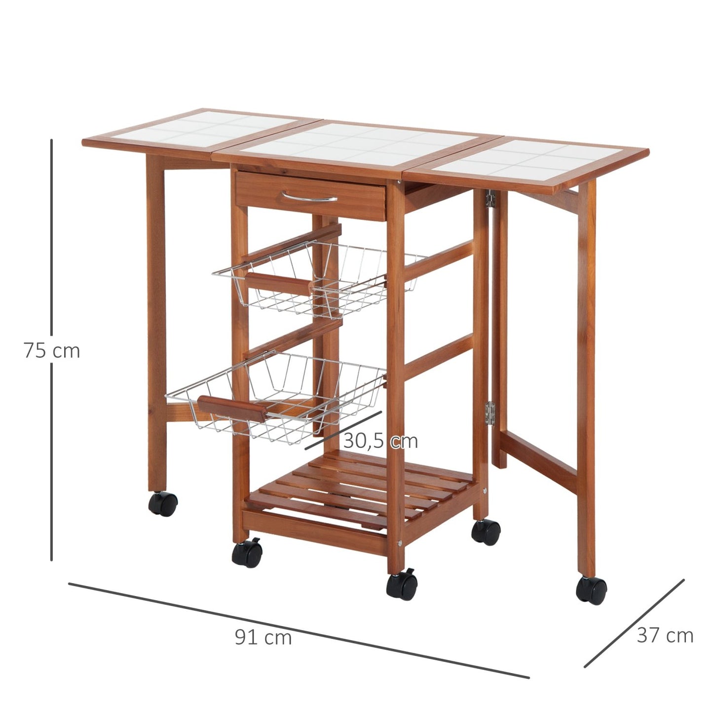 Carrito Cocina, Mueble Auxiliar Cocina, Carro Cocina, Carrito Auxiliar, Plegable 6 Ruedas 1 Cajón 2 Cestas, Pino, HOMCOM, 8