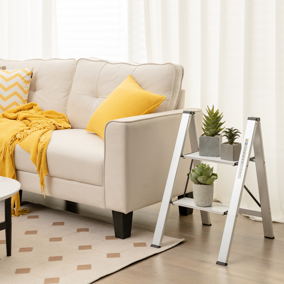 Escalera, Escalera Aluminio, 2 Peldaños, Escalera Plegable, con Pedal y Almohadillas de Pie Antideslizantes, Plateado, Costway, 4