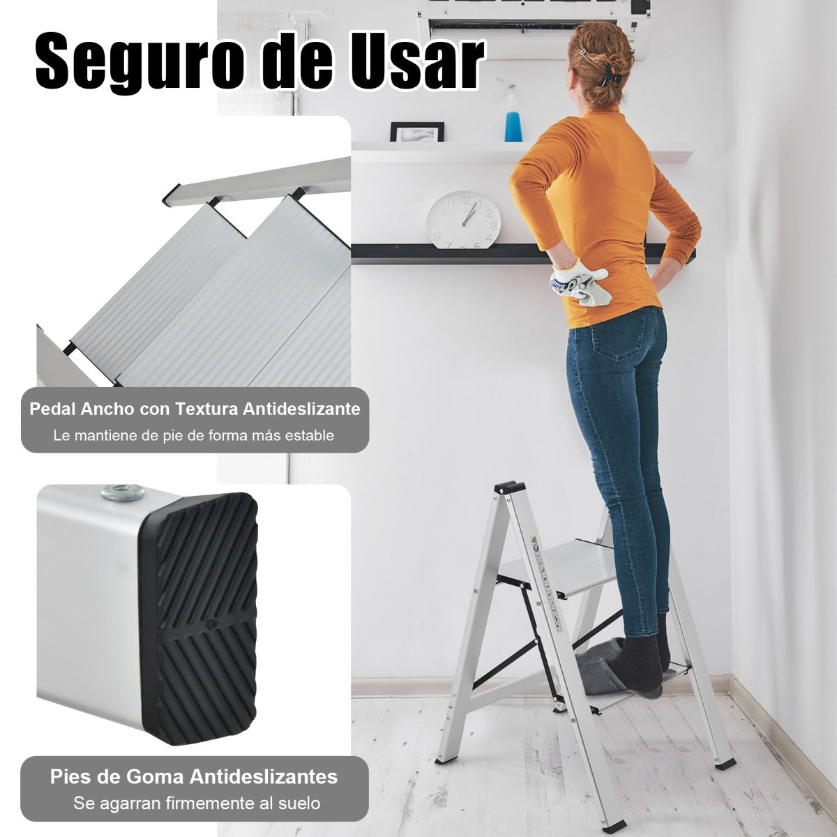 Escalera, Escalera Aluminio, 2 Peldaños, Escalera Plegable, con Pedal y Almohadillas de Pie Antideslizantes, Plateado, Costway, 6