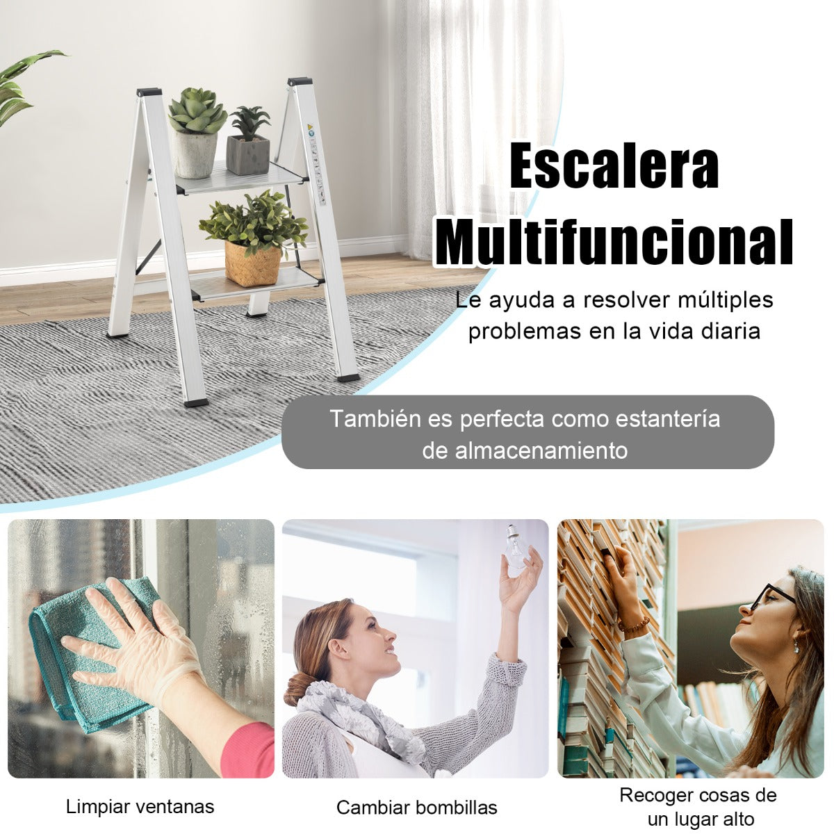 Escalera, Escalera Aluminio, 2 Peldaños, Escalera Plegable, con Pedal y Almohadillas de Pie Antideslizantes, Plateado, Costway, 8