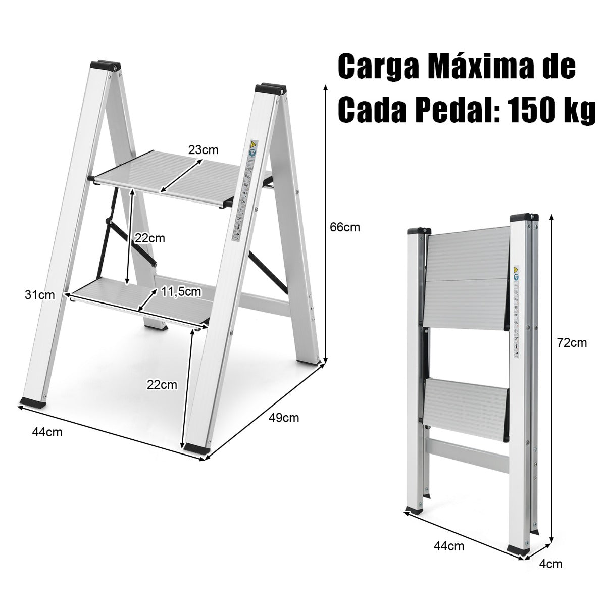 Escalera, Escalera Aluminio, 2 Peldaños, Escalera Plegable, con Pedal y Almohadillas de Pie Antideslizantes, Plateado, Costway, 3